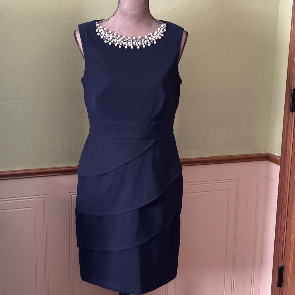 Dress barn Navy Layered Midi Dress with Pearl Neckline